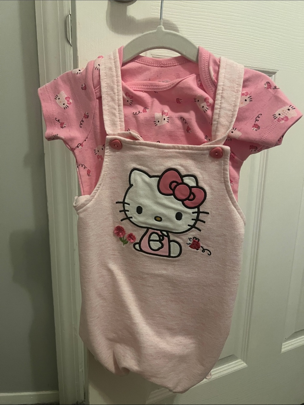 Hello Kitty Pink Overalls and Pink Onesie Set